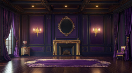 A stunning interior image featuring an elegant purple room adorned with vintage furniture, ornate chandeliers, and rich textiles, creating a luxurious atmosphere.の素材
