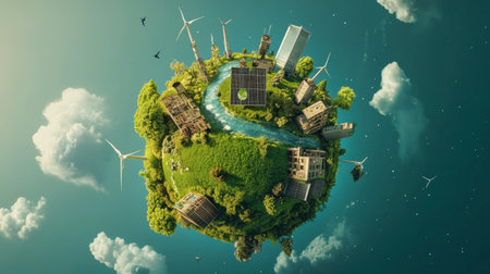 A vibrant depiction of a sustainable world, showcasing renewable energy sources like solar panels and wind turbines, surrounded by lush greenery and water, symbolizing harmony between urban living and nature.の素材