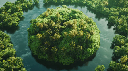 A stunning aerial view of a lush green island surrounded by calm waters, showcasing vibrant palm trees and diverse vegetation, perfect for nature lovers.の素材