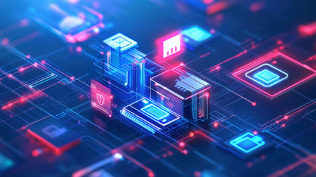 A vibrant and futuristic digital technology background featuring interconnected circuits and neon elements, perfect for innovation and technology themes.の素材