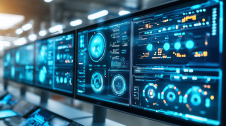 Futuristic control room featuring multiple digital monitors displaying complex data and analytics, ideal for technology and innovation themes.の素材