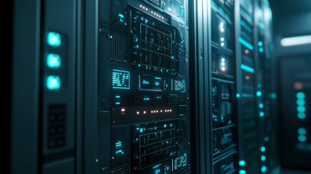 Explore a cutting-edge data center featuring advanced technology and vibrant blue lights illuminating the server racks, showcasing modern digital infrastructure.の素材