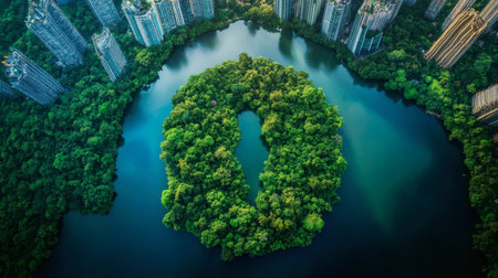 Stunning aerial view of a lush green island amid a tranquil lake, surrounded by modern buildings, highlighting the contrast between nature and urban life.の素材