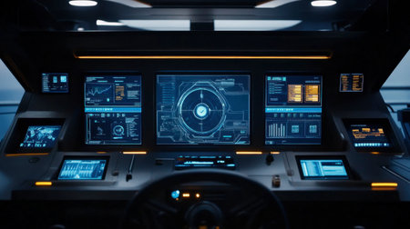 A sleek control room featuring multiple digital displays and an advanced dashboard. This image captures the essence of modern technology and innovation in a futuristic environment.の素材