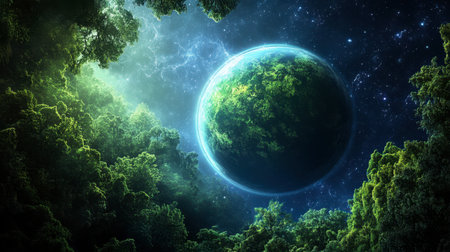 A mesmerizing view of a vibrant green planet surrounded by lush forest and starry sky, evoking a sense of tranquility and wonder in a cosmic landscape.の素材