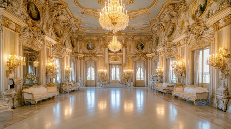 Explore the luxurious ambiance of this grand hall, featuring ornate decor, shimmering chandeliers, and elegant furnishings that exude timeless beauty.の素材