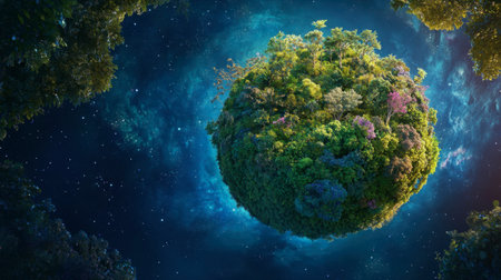 A captivating planet covered in lush forests floats in a starry space backdrop, symbolizing ecological beauty and harmony within the universe.の素材