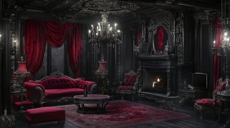 A stunning gothic-inspired living room featuring rich red accents, ornate furniture, and a warm fireplace, creating a luxurious and cozy ambiance.の素材