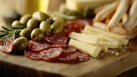 A beautifully arranged charcuterie board featuring slices of salami, cheese, and olives. Perfect for a gourmet appetizer on any dining table.の素材