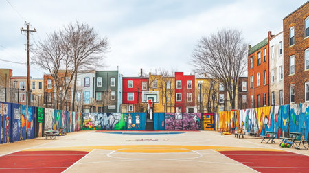 A vibrant urban basketball court featuring colorful murals. This energetic scene captures community spirit, outdoor play, and artistic expression in a city environment.の素材