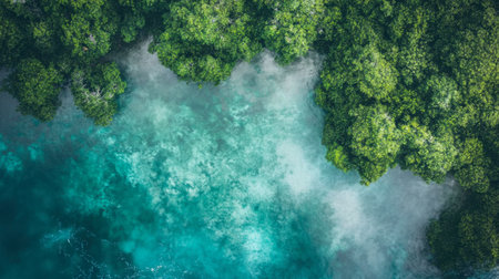 Discover a breathtaking aerial view of a lush green forest merging with tranquil water, showcasing the beauty of nature in harmony. Perfect for nature lovers.の素材