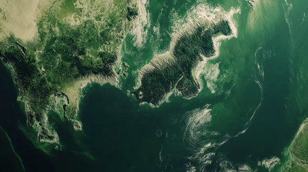 Stunning aerial view showcasing a coastal landscape intertwined with mountain ranges, highlighting the rich colors and textures of nature's beauty.の素材