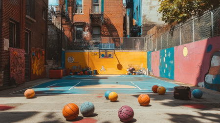 A vibrant outdoor basketball court featuring colorful balls scattered across the ground. The urban setting provides a lively atmosphere for community sports activities.の素材