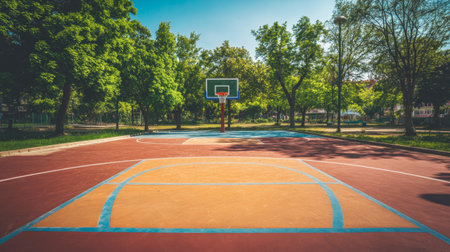 A serene outdoor basketball court surrounded by lush trees, perfect for sports enthusiasts. Enjoy the vibrant atmosphere in this recreational space.の素材