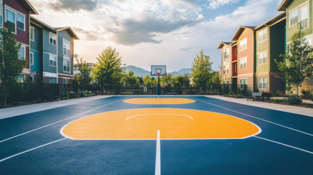 This vibrant basketball court features bold blue and orange colors, set against a backdrop of apartment buildings and lush greenery. Ideal for active lifestyles.の素材
