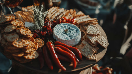 A beautifully arranged cheese platter featuring a variety of crackers, fresh herbs, and red peppers, perfect for gatherings and outdoor events.の素材