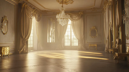 A beautiful sunlit hall showcasing luxurious decor and an elegant chandelier, perfect for capturing the essence of grandeur and serene ambiance.の素材