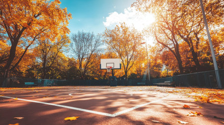 A serene view of an empty basketball court surrounded by colorful autumn leaves and bright sunlight, perfect for recreation and outdoor activities.の素材