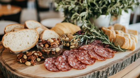 This inviting charcuterie board features an array of meats, cheeses, and fresh bread beautifully arranged with nuts and herbs, perfect for gatherings.の素材