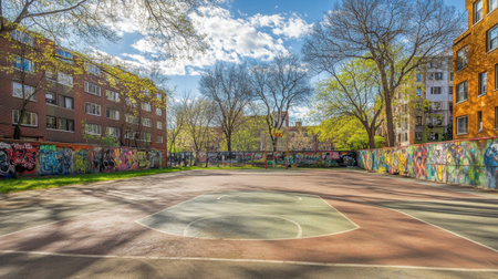 A spacious urban basketball court surrounded by colorful graffiti walls, perfect for recreation and sports. Enjoy the vibrant community atmosphere amidst nature.の素材