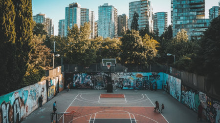 A vibrant urban basketball court nestled among high-rise buildings, showcasing players engaged in a lively game amidst colorful street art and greenery.の素材