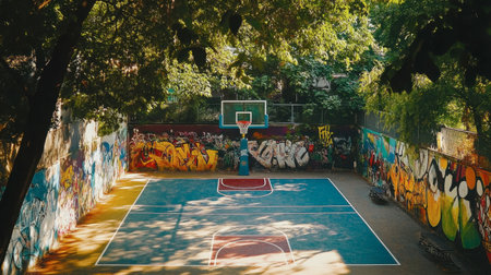 A vibrant urban basketball court featuring colorful graffiti art on its walls. Surrounded by lush trees, this scene captures the spirit of community and creativity.の素材