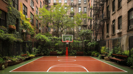 A serene basketball court nestled in an urban neighborhood, surrounded by lush greenery and trees, offering a peaceful retreat for sports enthusiasts.の素材