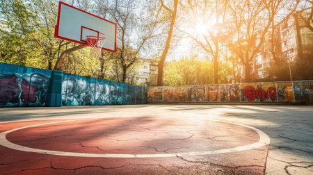 A bright and vibrant basketball court captured under sunlight, showcasing an urban backdrop with trees and colorful graffiti, perfect for sports themes.の素材