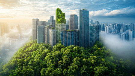 A stunning urban skyline surrounded by vibrant greenery, showcasing a harmonious blend of nature and modern architecture. This image captures the essence of sustainability and ecological growth.の素材