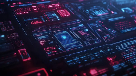 A dynamic futuristic data interface showcasing neon elements in blue and red, perfect for themes of technology, digital innovation, and cyber environments.の素材