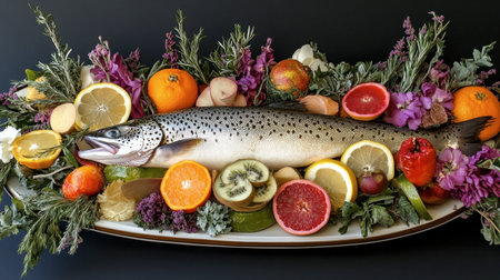 Vibrant display of fresh trout surrounded by seasonal fruits and herbs, perfect for culinary inspiration or gourmet presentations.の素材