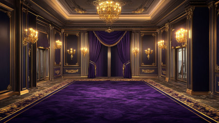 Luxurious interior space featuring rich purple hues, golden chandeliers, and ornate detailing, creating an elegant and sophisticated atmosphere.の素材