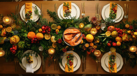 A beautifully arranged festive table featuring fresh fruits, elegant salmon, and candles, creating a warm and inviting atmosphere for gatherings.の素材