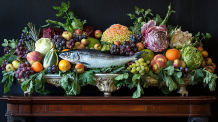 A stunning display of fresh fruits, vegetables, and a fish, showcasing vibrant colors and textures, perfect for gourmet and culinary themes.の素材