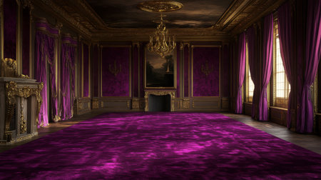 A stunning interior view showcasing a grand room adorned with rich purple textures, ornate details, and elegant lighting, creating an atmosphere of luxury and opulence.の素材