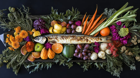 A vibrant display featuring a grilled fish paired with an assortment of fresh vegetables and fruits, showcasing a healthy, organic aesthetic perfect for culinary presentations.の素材