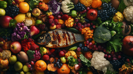 A vibrant arrangement of fresh fruits, vegetables, and grilled fish showcases a colorful culinary display ideal for health-conscious meals and gourmet cooking.の素材