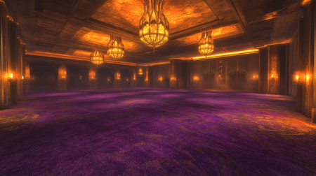 A stunning ballroom featuring warm lighting and a rich purple carpet. This empty space combines elegance and sophistication, perfect for events and gatherings.の素材