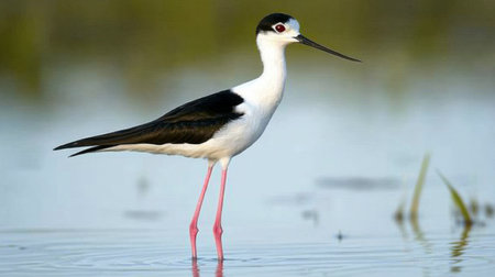 A striking black-necked stilt stands gracefully in shallow water, showcasing its vivid pink legs and distinctive black-and-white plumage. Perfect for nature lovers.の素材