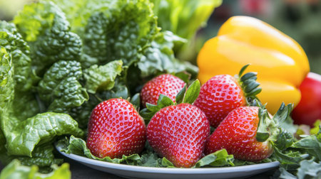 A vibrant composition of fresh strawberries, crisp lettuce, and a yellow bell pepper, showcasing healthy produce ideal for culinary creations and nutrition.の素材