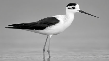 A striking black and white image of a bird standing gracefully by the water's edge, showcasing its elegant posture and delicate features in a serene environment.の素材