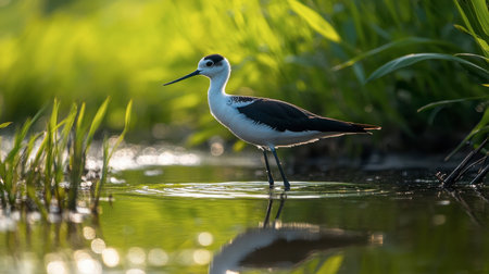 A graceful bird stands in shallow water, surrounded by lush grass. The soft sunlight illuminates the scene, creating a tranquil and serene mood.の素材