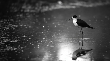 A serene black and white photograph of a bird standing gracefully in shallow water, capturing its reflection. Ideal for nature and wildlife themes.の素材