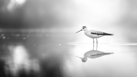 A serene black and white image of a bird standing in still water, reflecting its delicate form. The foggy ambiance captures tranquility in nature.の素材