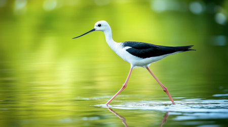 A graceful bird strides through tranquil waters, showcasing its elegant physique and striking black and white plumage in a serene natural setting.の素材