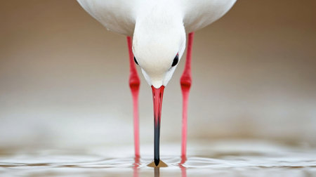 A close-up of an elegant bird with striking colors, focused on drinking from a calm body of water. The serene scene captures its delicate features and tranquil environment.の素材