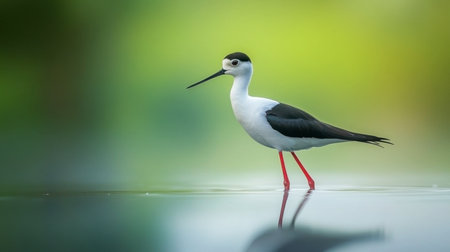 A stunning bird stands gracefully in shallow water, showcasing its vibrant colors and peaceful demeanor. The serene background enhances its beauty.の素材