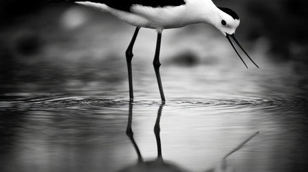 A stunning black and white photograph of a bird standing gracefully near the water's edge, capturing its reflection in calm shallow water, emphasizing natural beauty.の素材