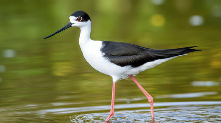 A striking black-necked stilt walks gracefully through calm water, reflecting its elegant form. This beautiful scene captures the essence of wetlands and wildlife.の素材
