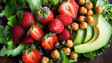 A delicious and vibrant salad featuring fresh strawberries, creamy avocado, and chickpeas on a bed of leafy greens, perfect for a healthy meal.の素材